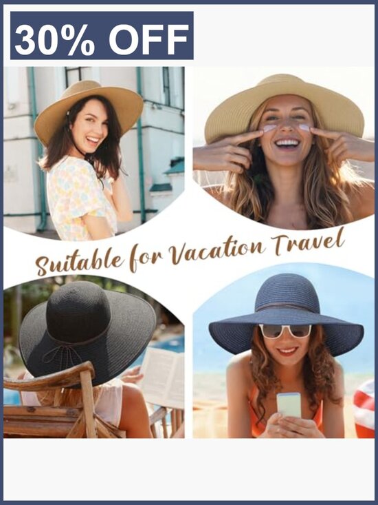 Women UPF 50+ Wide Brim Straw Sun Hat Beach Summer Travel Adjustable Packable